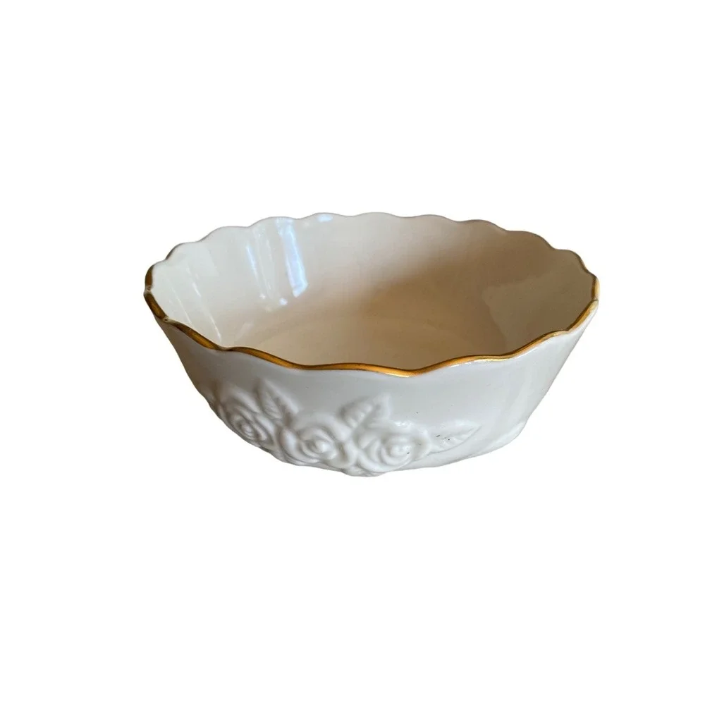 Lenox Ivory Porcelain Bowl With Embossed Roses & Gold Trim